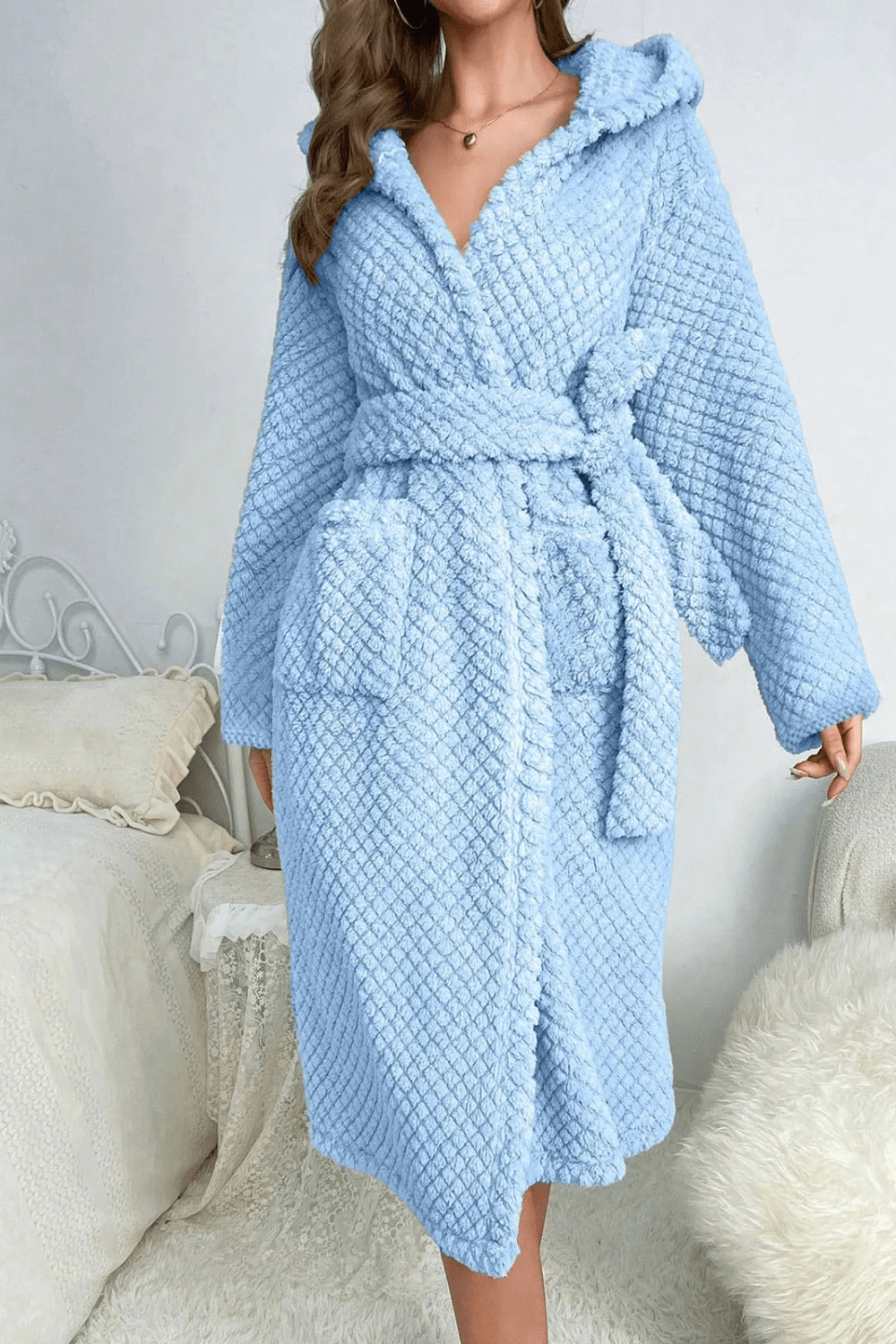 Peignoir Femme Eponge a Capuche Bleu clair Taille unique